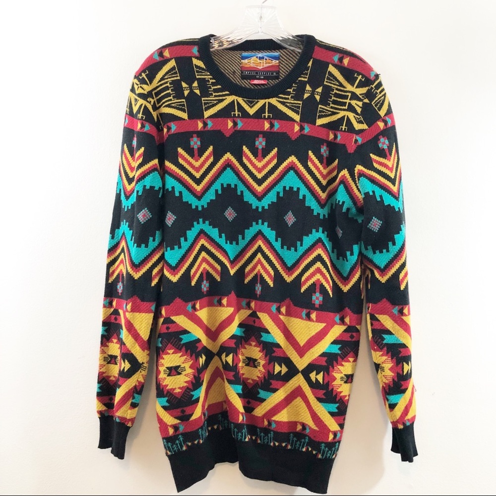 Empyre Black Sweater with Teal, Yellow & Maroon Geometric Pattern